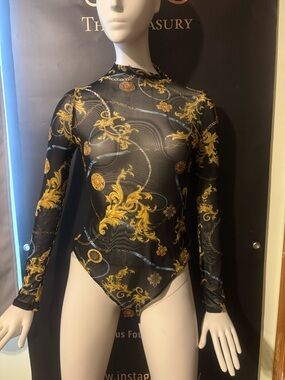 iris Black Sheer Long-Sleeve Bodysuit with Gold Baroque Print